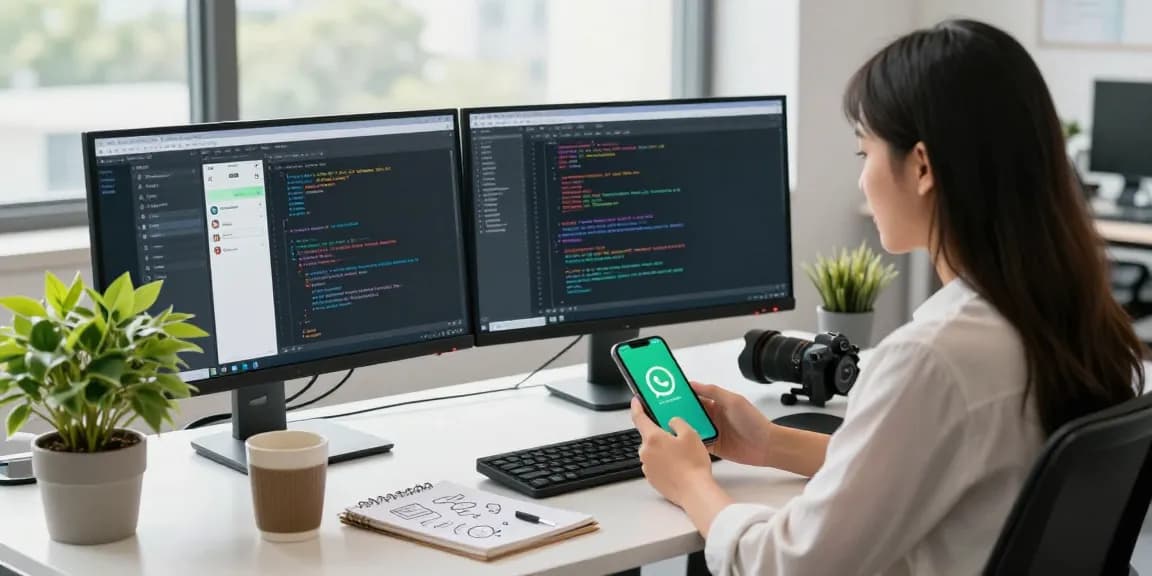 Dynamic tech workspace with WhatsApp下載 application displayed on dual monitors, fostering productivity.