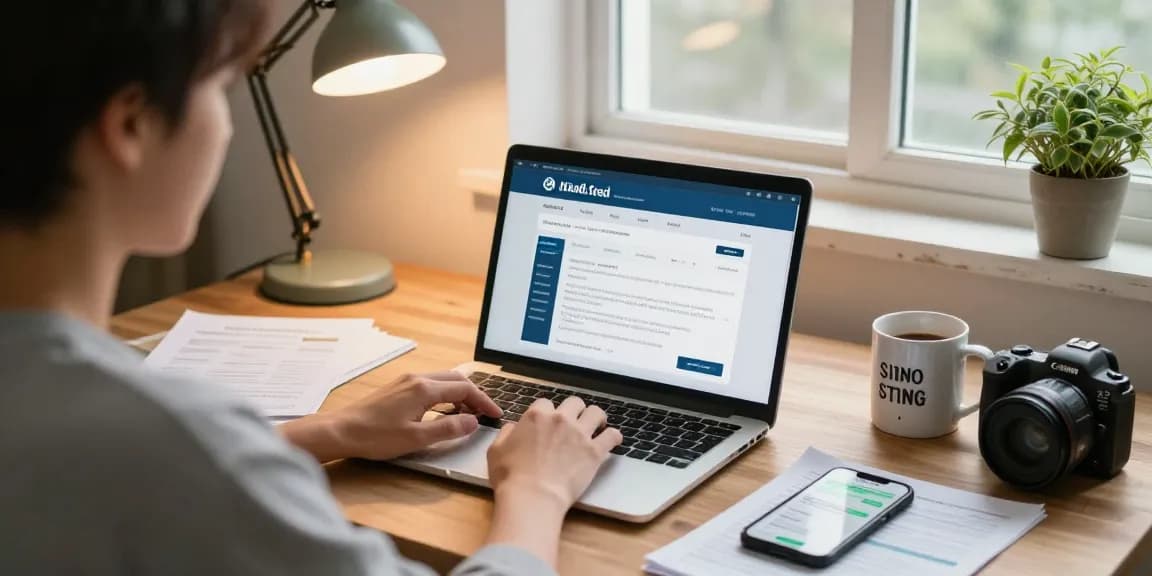 A comfortable home office scene with an individual applying for a RadCred $100 loan using a laptop and paperwork, showcasing ease and accessibility.