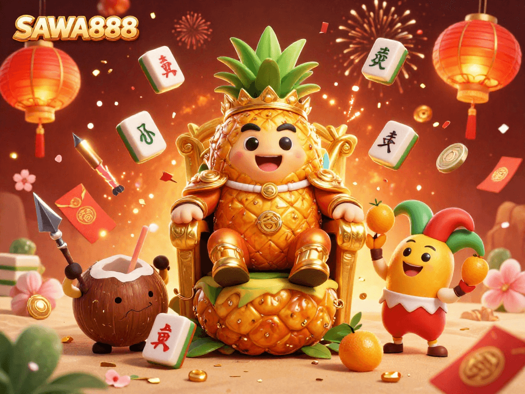 Experience the excitement of SAWA888's tropical casino adventure with a golden pineapple king and vibrant game elements.