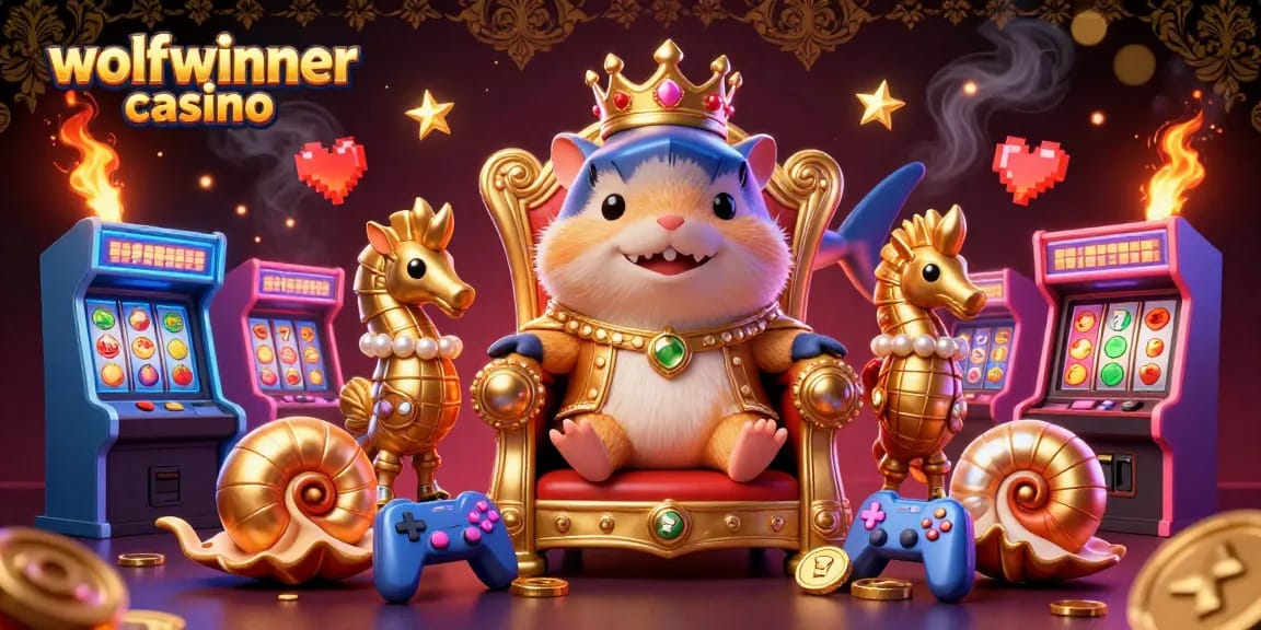 Experience the excitement of wolfwinner casino with a vibrant 3D scene featuring a hamster king on a megalodon throne surrounded by gaming elements.