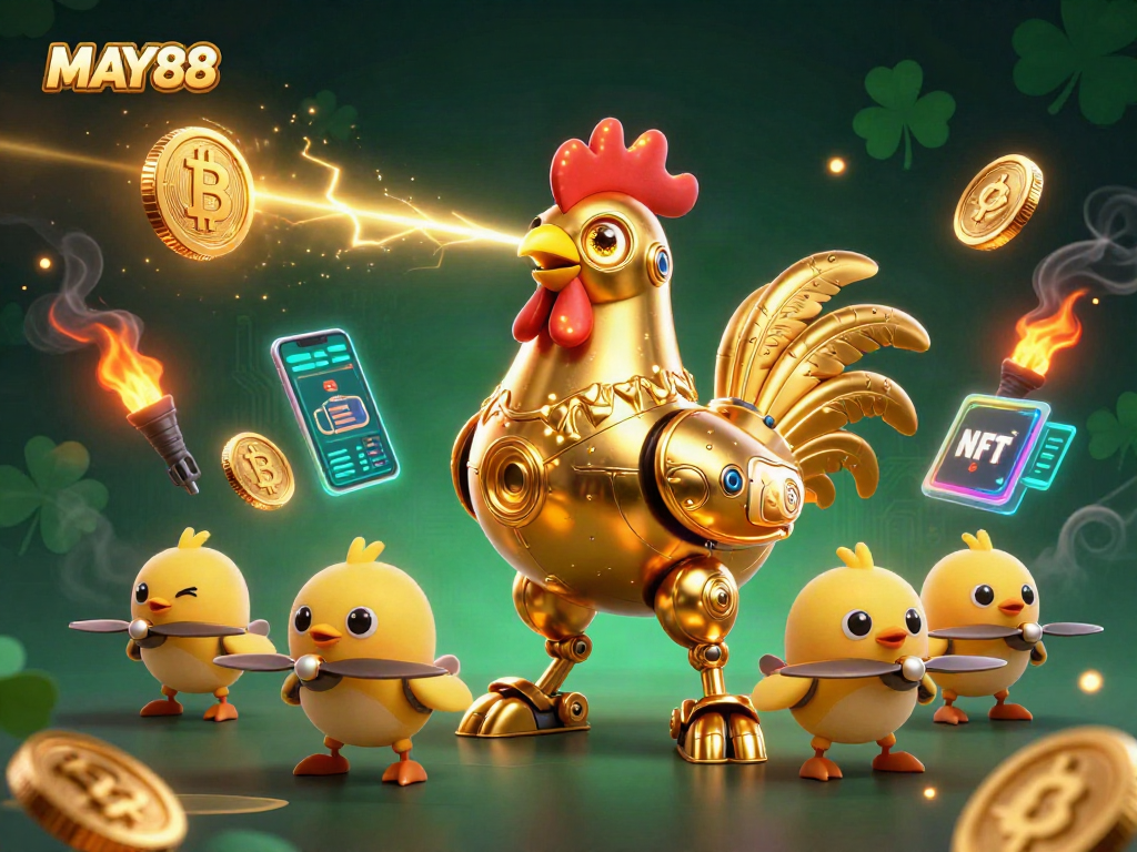 MAY88 showcases vibrant casino gaming with a golden rooster robot and crypto elements.