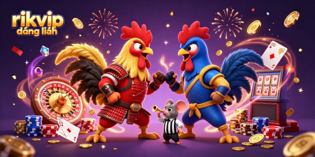 Experience thrilling gameplay action with rikvip đăng nhập, featuring cartoon roosters and cascading casino elements.