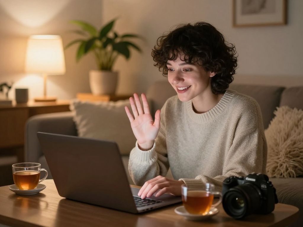 Engaging sexchat video call in a cozy room with personal touches.