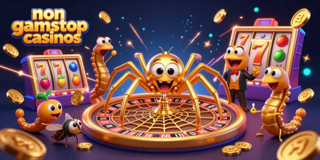 Vibrant scene with a golden spider and fly at non gamstop casinos amidst 3D colorful jackpot elements.