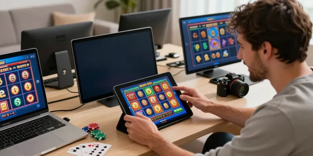 Excited player engaging with Bonus Buy slots on a tablet at home, highlighting https://stargazyinn.co.uk gaming experience.