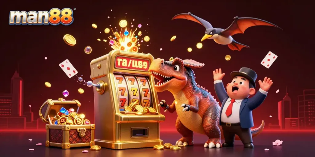 Experience thrilling slots at man88 with animated 3D dinosaurs celebrating jackpots.