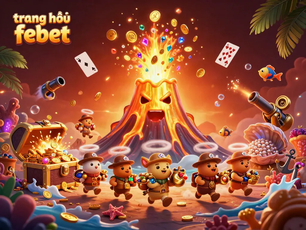 Engage with the vibrant world of trang chủ febet, featuring a triumphant volcano surrounded by treasure and gaming elements.