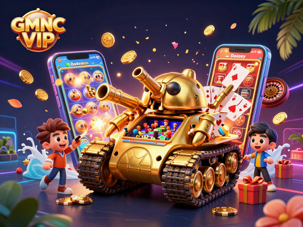 Watch GMNC VIP in action with a vibrant casino scene bursting with excitement and winning elements.