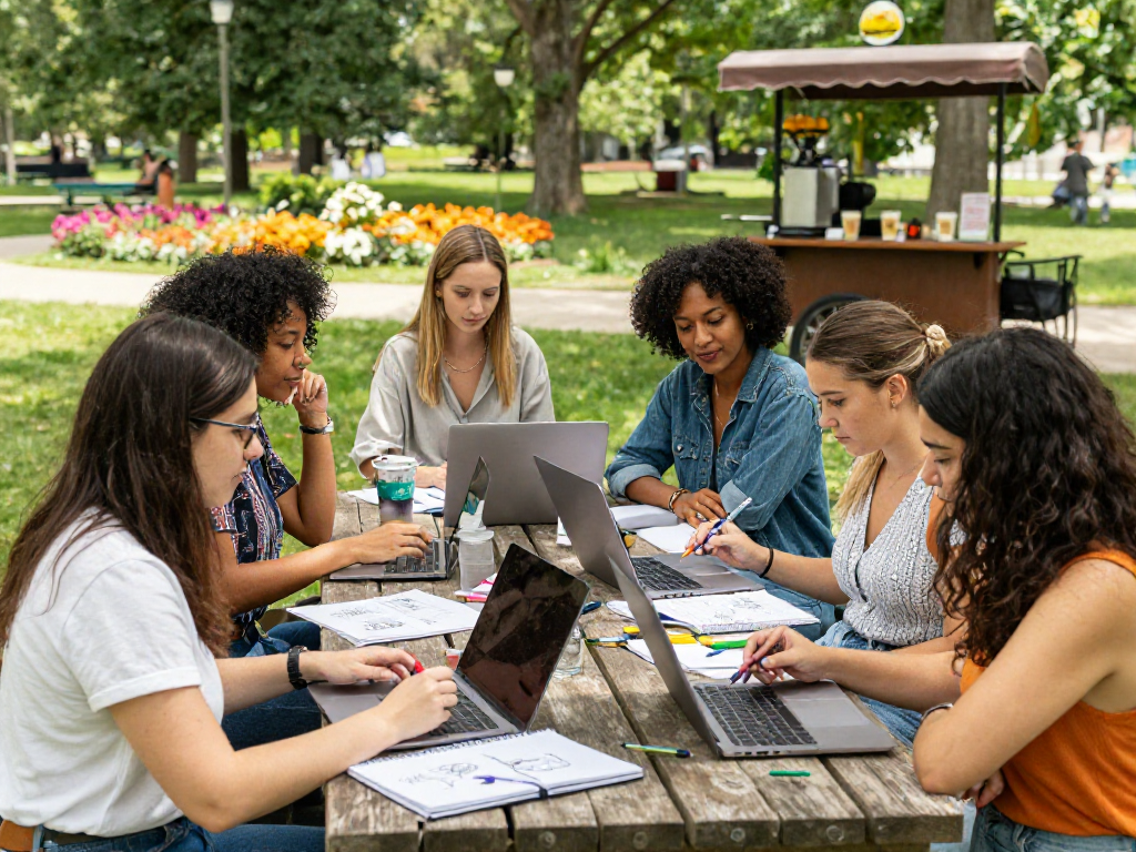 Diverse female entrepreneurs brainstorming outdoor under sunlight, highlighting rokok88 hustle culture.