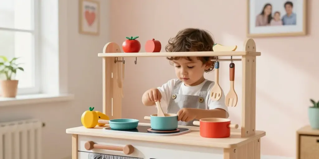 Child playing with a wooden kitchen, encouraging creativity and imaginative cooking.
