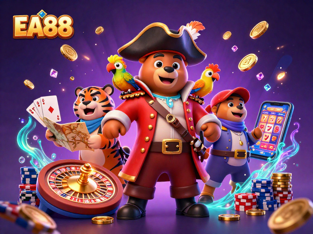 Experience thrilling gameplay at EA88 with a pirate captain, elite tiger, and vibrant casino elements.