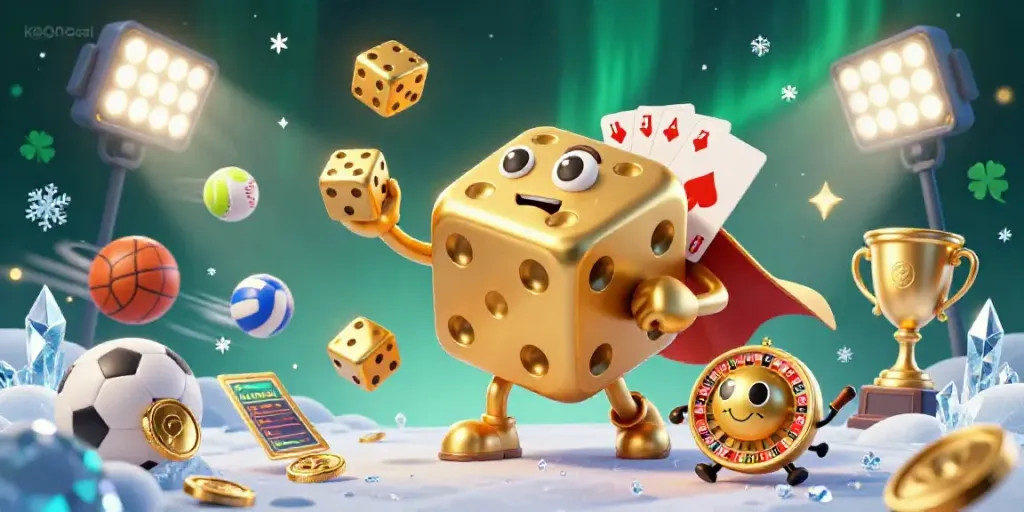 Experience thrilling gaming action with keonhacai's dynamic illustration of golden dice and sports elements.