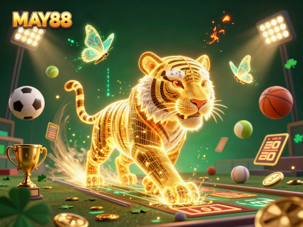 MAY88 sports betting scene with a glowing golden tiger and dynamic game elements for exhilarating action.