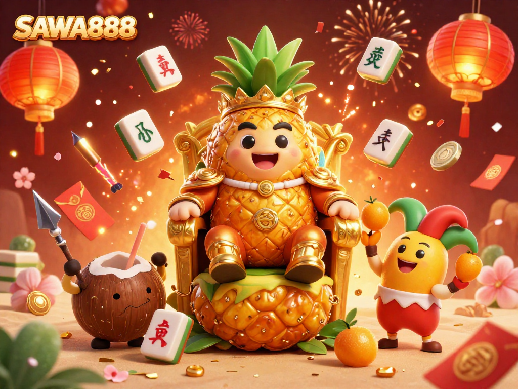 Experience the excitement of SAWA888's tropical casino adventure with a golden pineapple king and vibrant game elements.