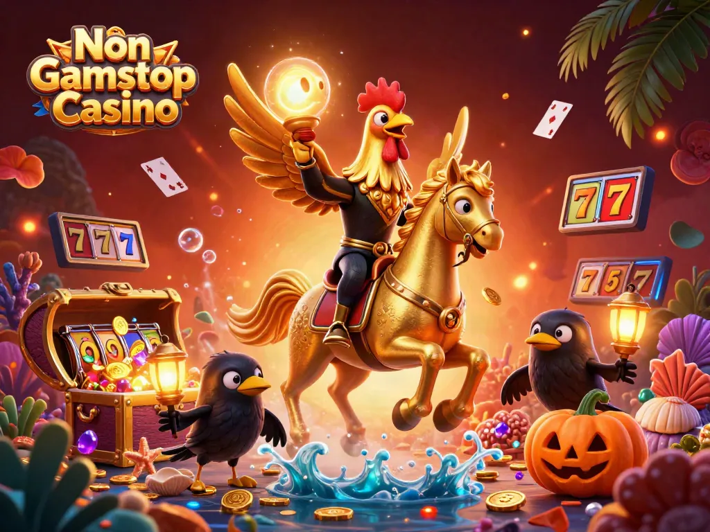 Engage at a Non Gamstop Casino with vibrant characters and game elements in a mystical scene.