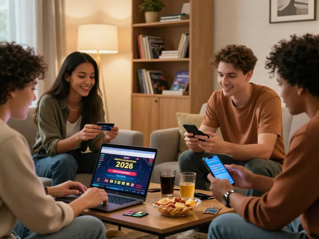UK players exploring casinos that accept credit card deposits in a cozy living room setting.