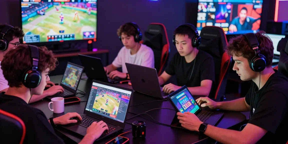Engaged players enjoying porn games online on colorful devices in a dynamic gaming environment.