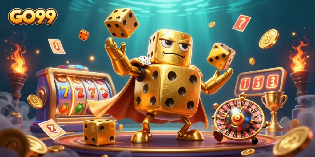 Experience the excitement of GO99 with colorful slot symbols, golden coins, and dynamic casino characters