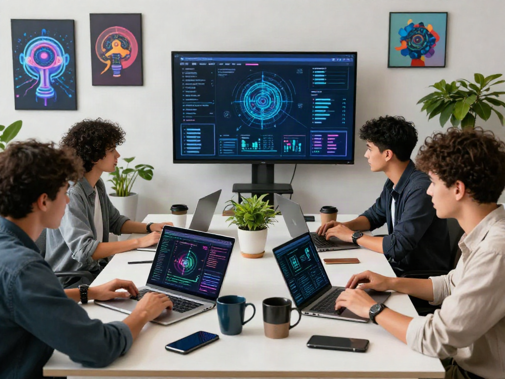 Team collaborating in modern workspace on spicy AI projects with dynamic visuals.