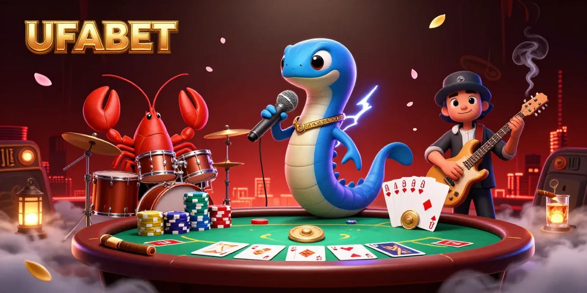 Experience dynamic gaming action at UFABET with a lively DJ electric eel and casino band.
