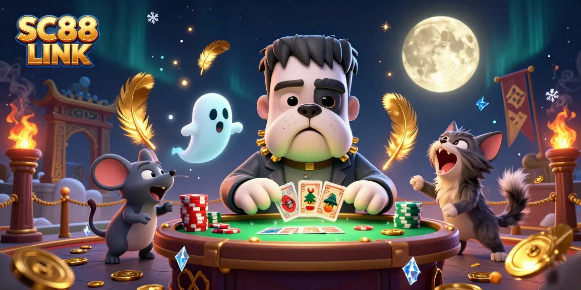 Engage with SC88 LINK showcases a vibrant 3D illustration of characters dealing cards at a thrilling casino.