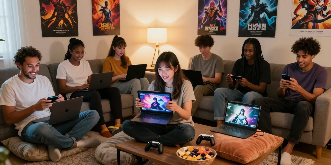 Group enjoying engaging online hentai game experience in cozy living room.