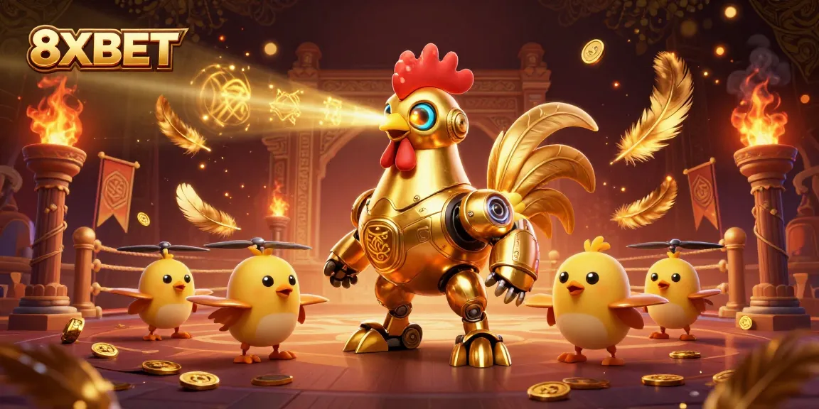 Engage with 8XBET's thrilling experience, highlighted by golden rooster robot and baby chick drones.