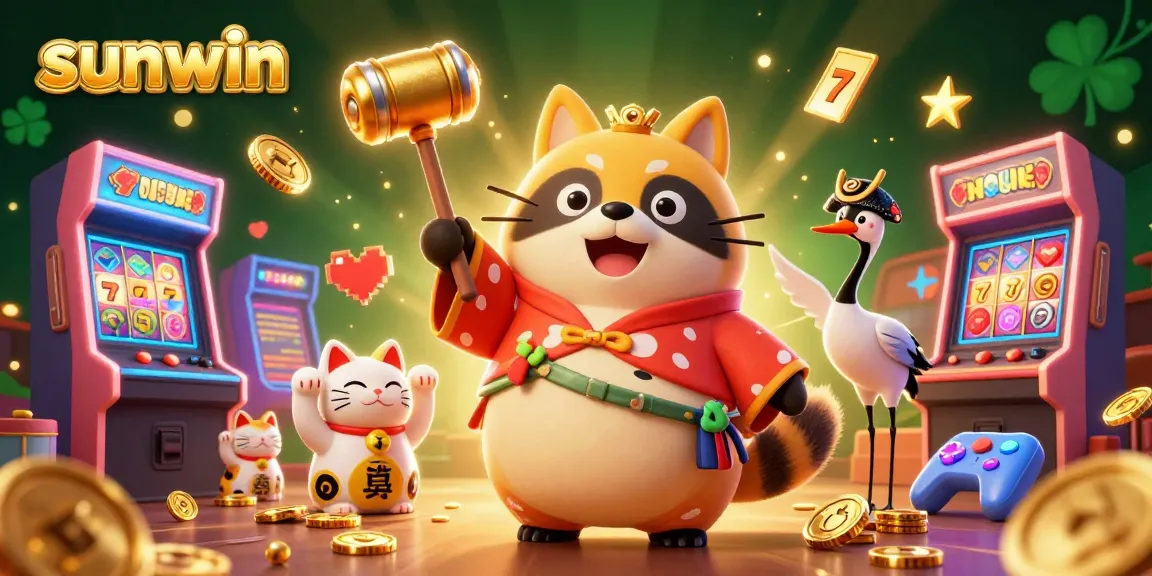 Experience thrilling wins at sunwin with vibrant 3D illustration of a cheerful tanuki and lucky symbols.