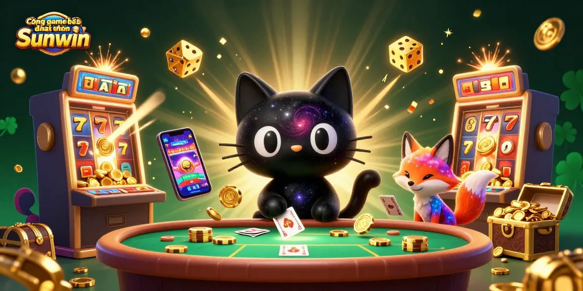 Cổng game bài đổi thưởng Sunwin features a cosmic casino with a black hole cat and colorful nebula fox gaming together.
