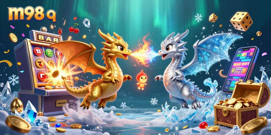 Win big with m98 q in a vibrant 3D dragon casino illustration showcasing dynamic games and excitement.
