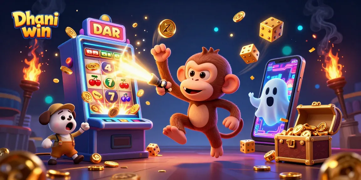 Dhani win gameplay highlights with a mischievous monkey and curious puppy in a vibrant casino setting.