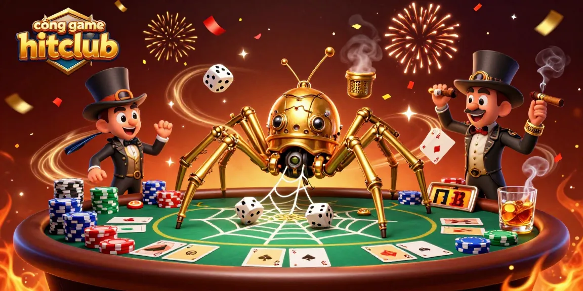 Engage with the exciting cổng game hitclub as the steampunk spider traps dice, showcasing poker elements and vibrant celebration.