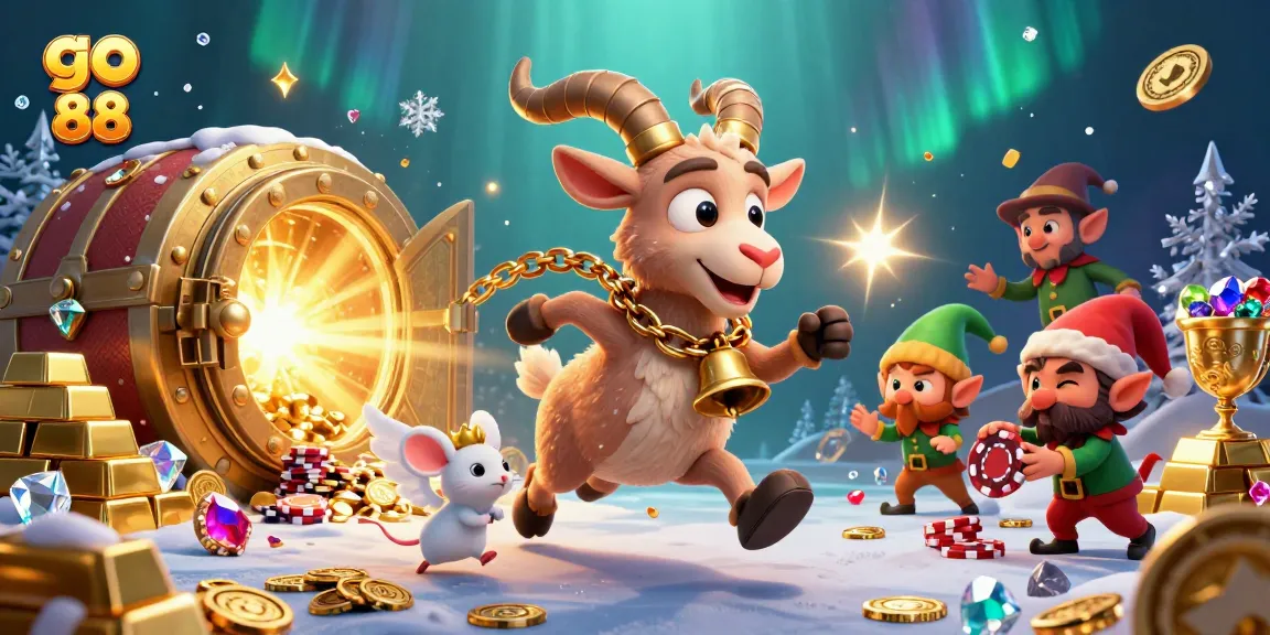 Experience thrilling action at go 88's festive casino, with cartoon characters and dazzling treasures.