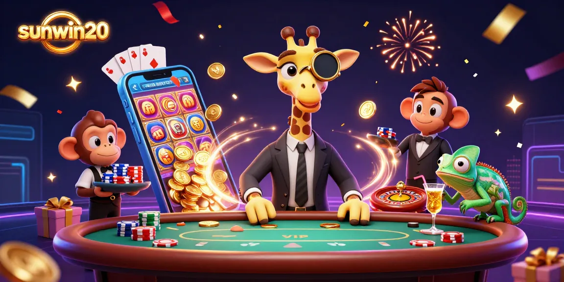 Engage with sunwin20's vibrant gaming scene featuring a high-roller giraffe, monkey valet, and chameleon bartender.