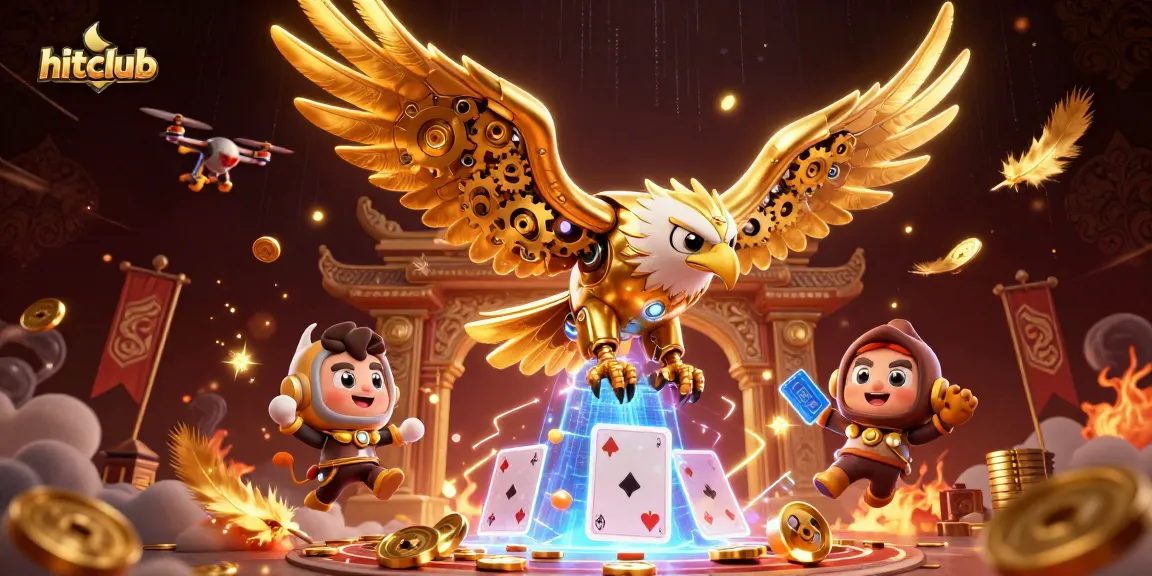 Engage in thrilling gameplay at hitclub with a dynamic scene featuring a golden eagle and holographic cards.